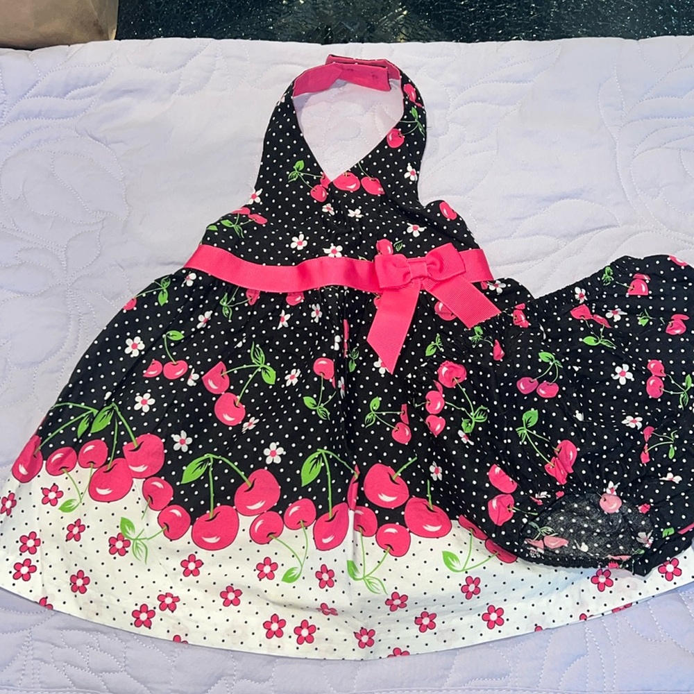 Girls Black & Pink Cherry Halter Dress